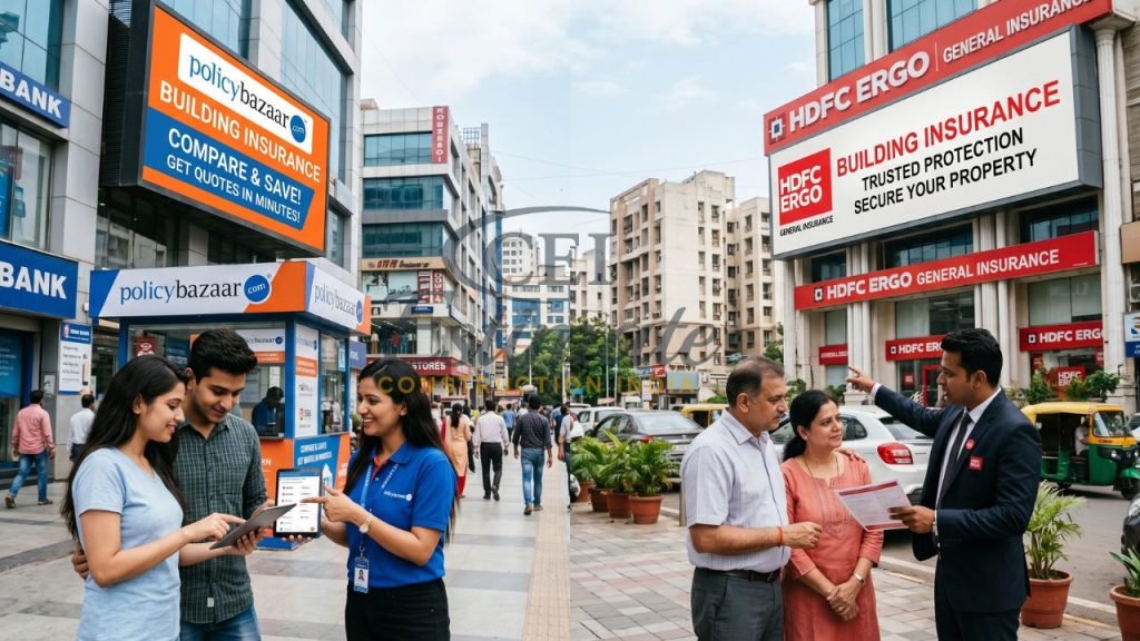 People comparing building insurance plans from Policybazaar and HDFC ERGO with agents in urban India