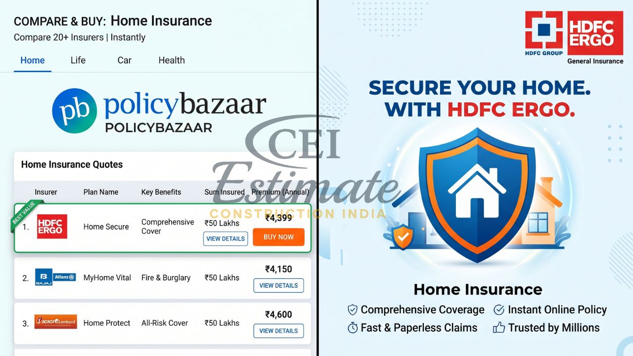 Policybazaar home insurance comparison showing HDFC ERGO plan price ₹4399 with coverage details and online policy benefits