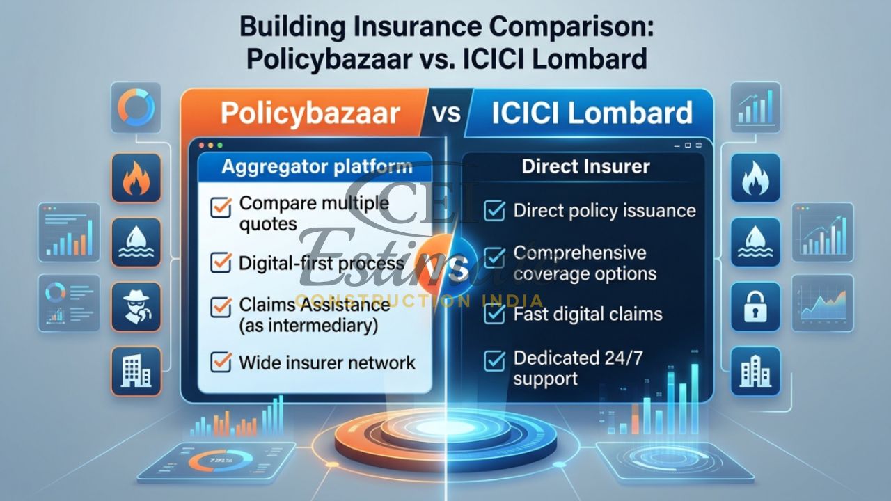 Policybazaar vs ICICI Lombard building insurance comparison showing aggregator platform vs direct insurer benefits