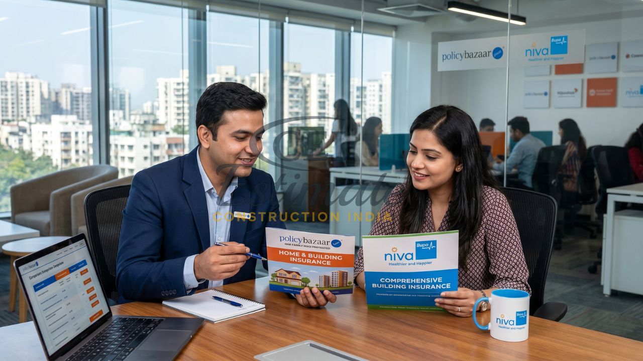 Insurance advisor explaining home and building insurance plans from Policybazaar and Niva Bupa to client in office