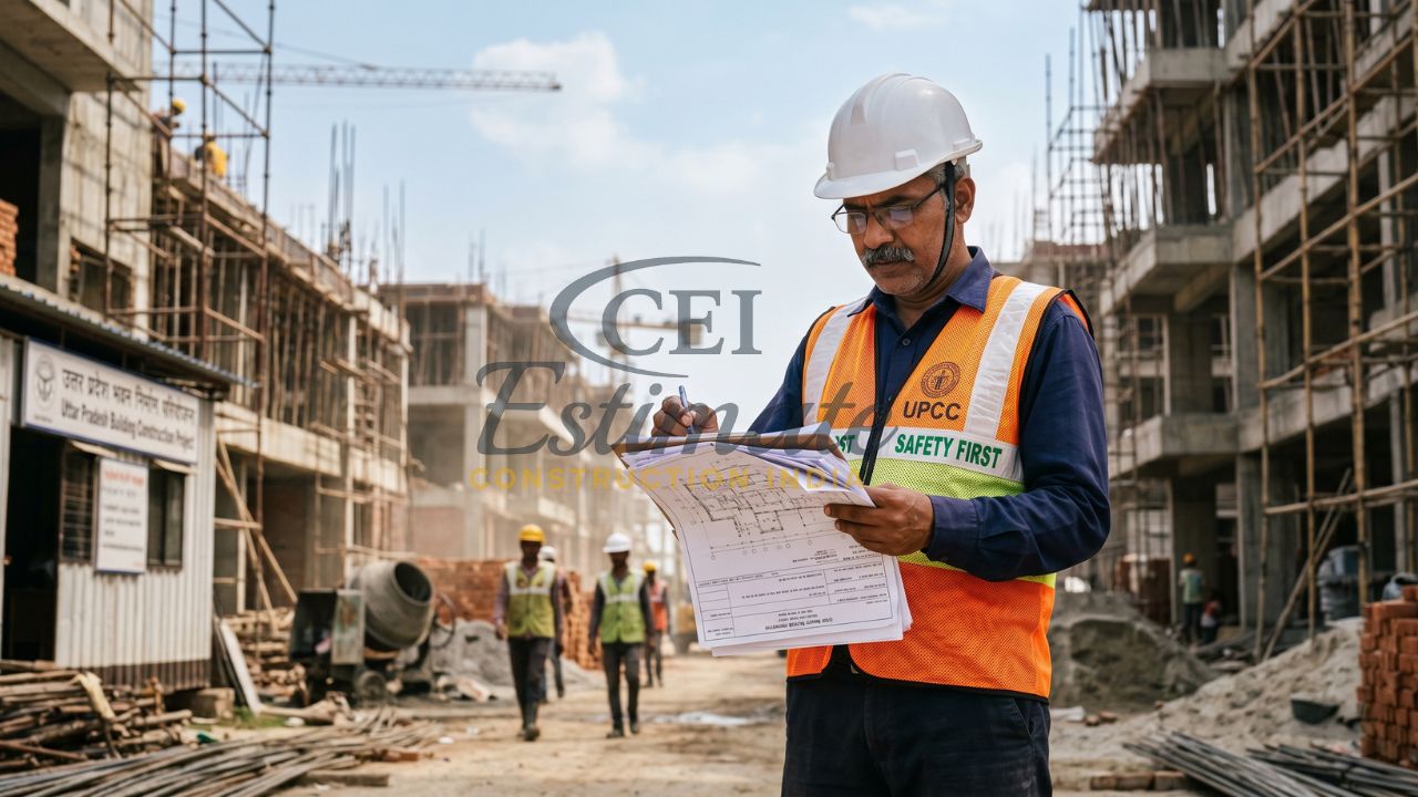 Construction supervisor inspecting building plans on active construction site with workers and scaffolding in India
