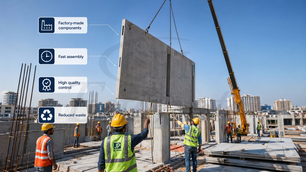 Precast concrete wall panels being installed by crane at a construction site with workers guiding placement.