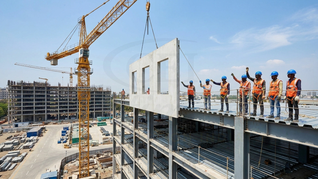 Precast concrete wall panel with window openings being lifted by crane and installed on a multi-story building.