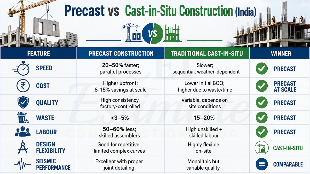 Precast vs cast-in-situ construction comparison chart showing differences in speed, cost, quality, waste, and labor.