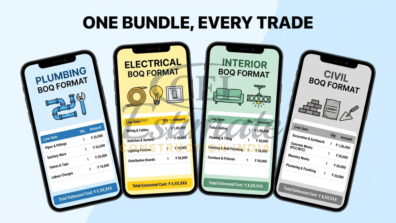 An infographic showing four mobile screens, each displaying a different BOQ format: Plumbing, Electrical, Civil, and Interior Design.