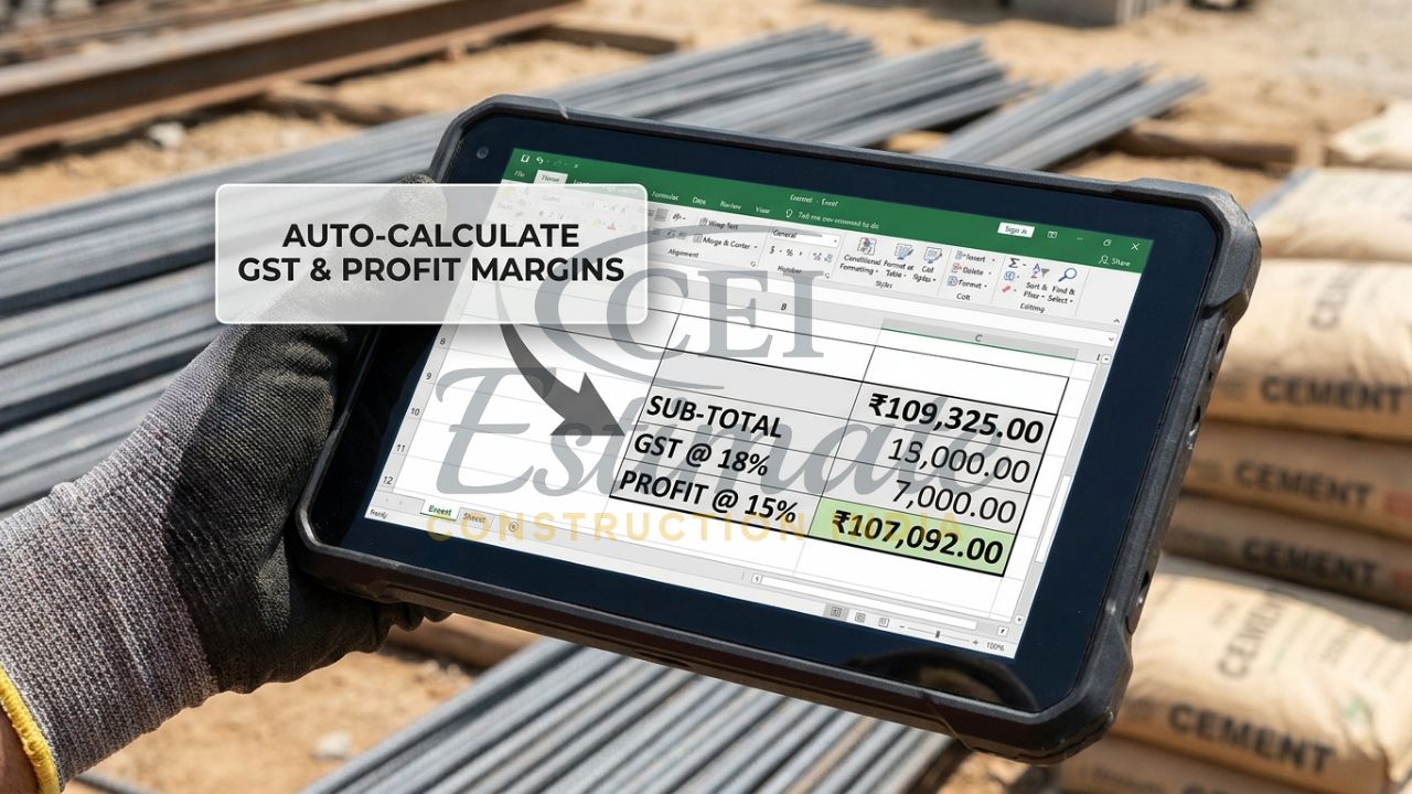 A close-up of a tablet screen on a construction site showing a BOQ table where GST, overheads, and profit margins are being automatically calculated.