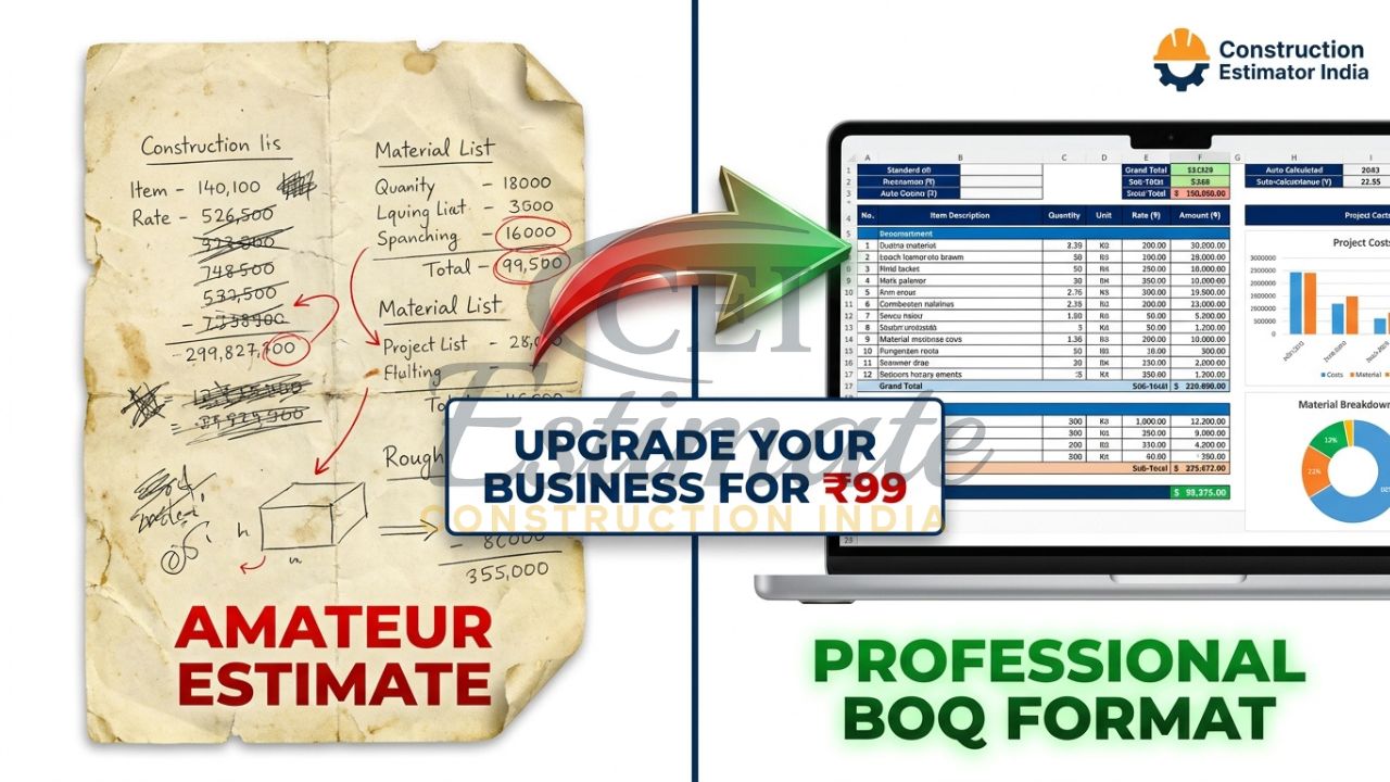 A split-screen comparison showing a messy handwritten estimate versus a clean, automated professional BOQ format on an Excel dashboard.