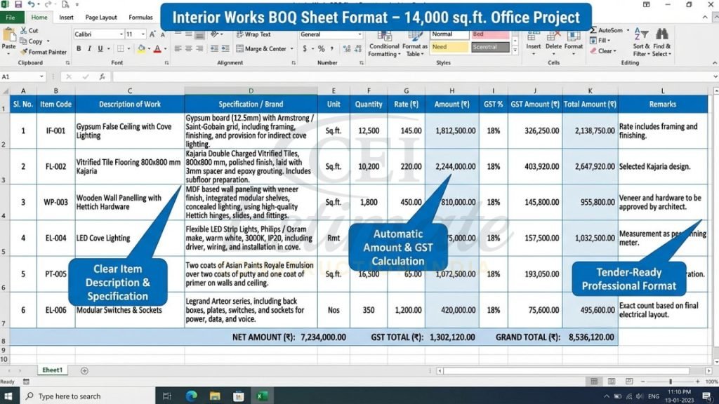 BOQ Sheet Format for Interior & Construction Works India