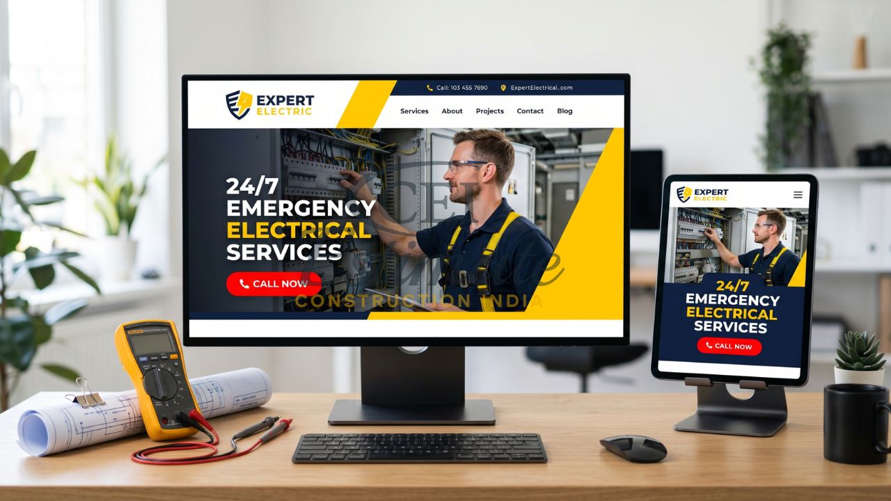 Electrical contractor website design showing 24/7 emergency electrical services with call now CTA on desktop and mobile