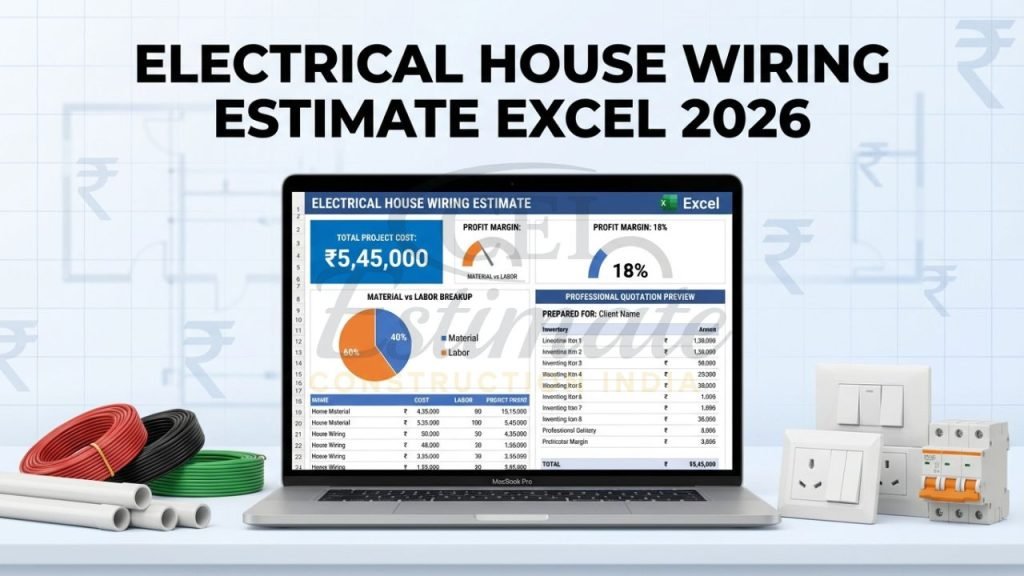 Professional electrical house wiring estimate Excel template dashboard for Indian contractors with BOQ, GST and load calculator