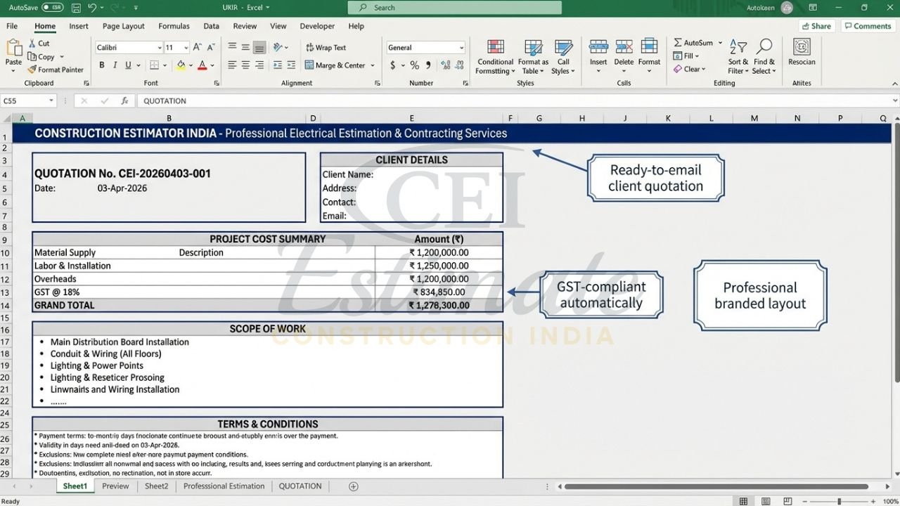Professional client-facing electrical quotation generated from the template with cost summary, GST, scope of work, and terms & conditions