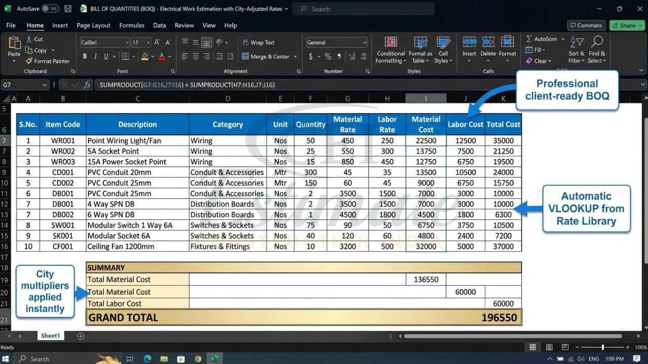 Bill of Quantities (BOQ) sheet from Premium Electrical Estimate Template with automatic calculations for wiring, conduits, DBs, and total costs