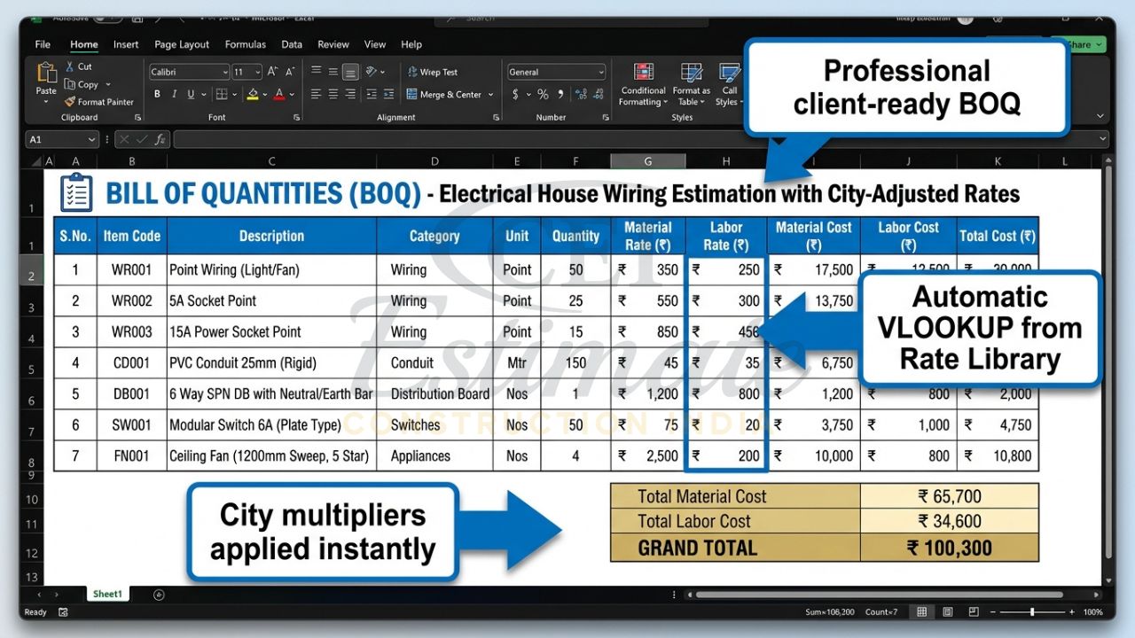 Professional Bill of Quantities BOQ sheet for electrical house wiring in Excel template