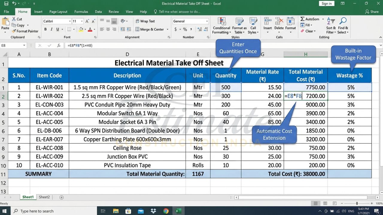 Detailed electrical material takeoff sheet Excel template with automatic cost calculation and wastage factors