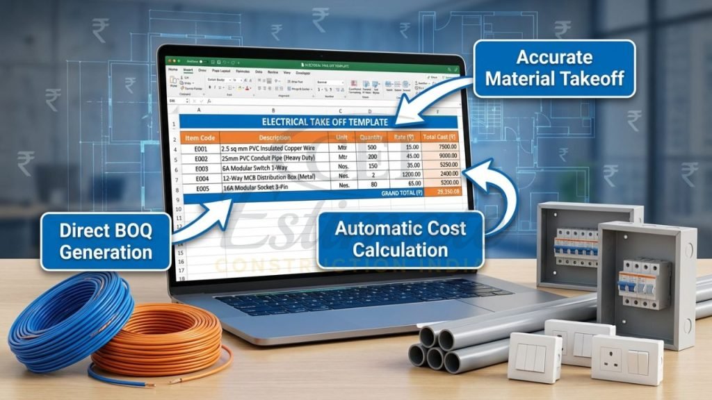 Professional electrical take off template Excel showing accurate material quantity takeoff for house wiring projects in India