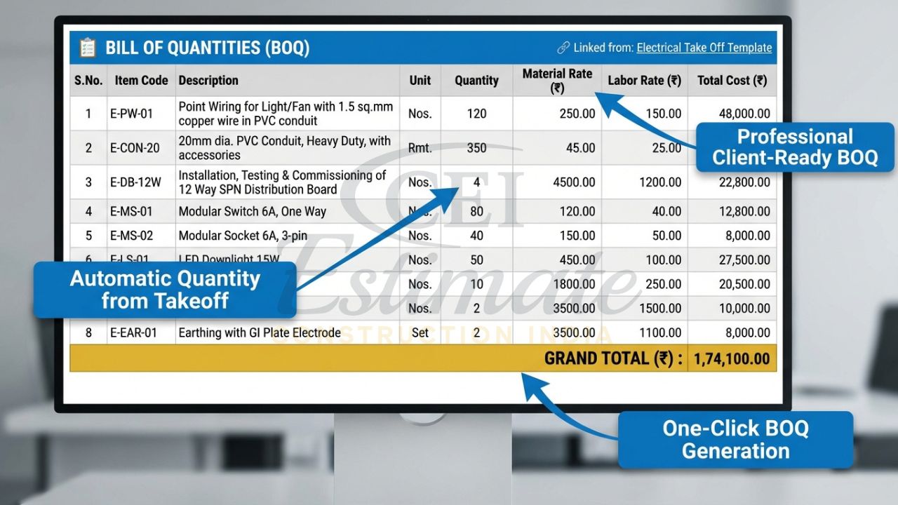 Professional Bill of Quantities BOQ automatically generated from electrical take off template