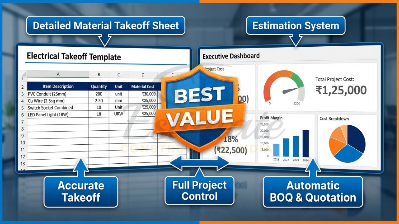 Complete electrical take off template bundle with BOQ, load calculator and safety checklist for Indian contractors