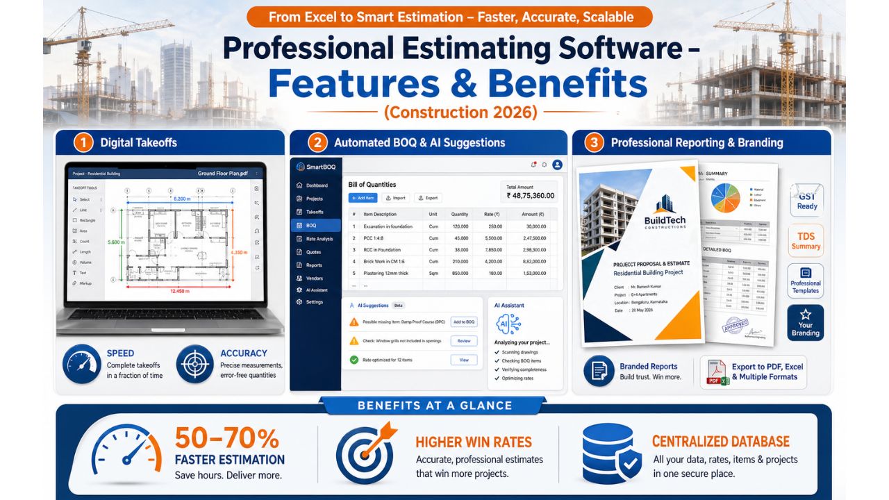 professional construction estimating software with digital takeoff BOQ automation AI suggestions and reporting features for contractors