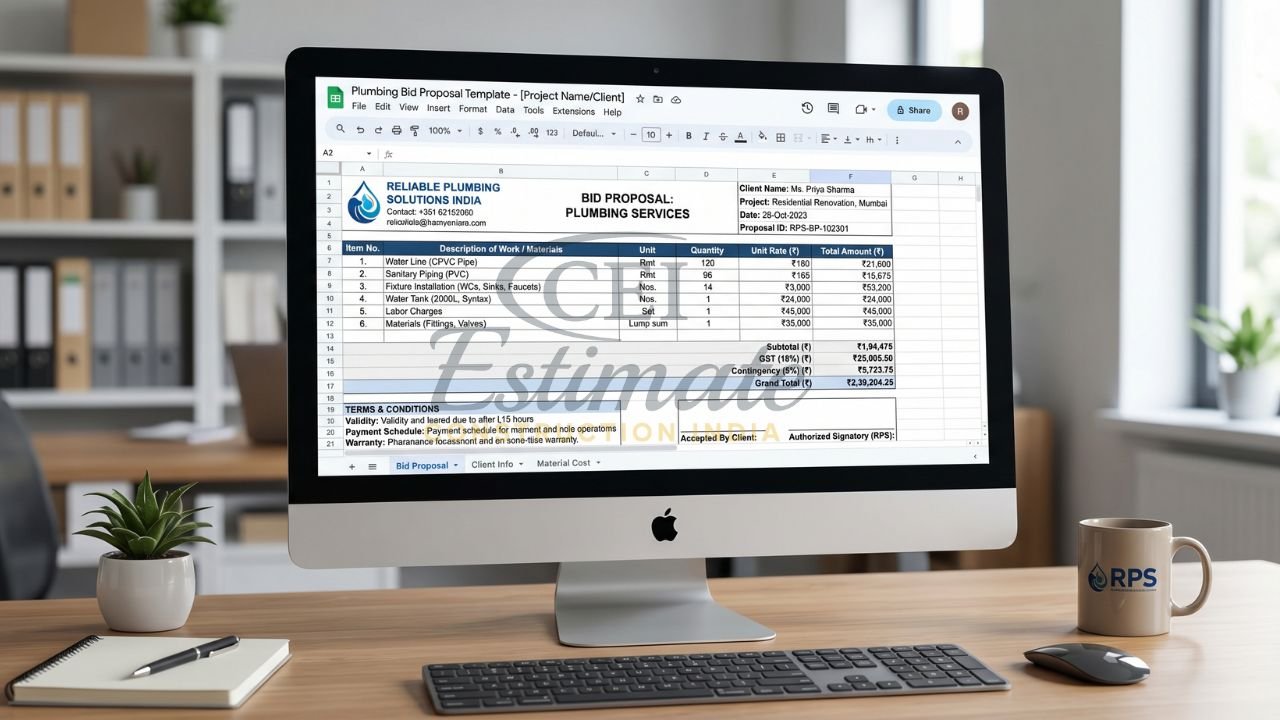Plumbing services bid proposal Excel template showing itemized costs, GST calculation, and total project estimate for residential renovation