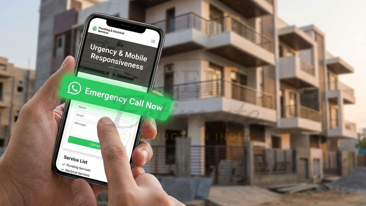 Mobile responsive plumbing and electrical website design with an emergency WhatsApp chat feature.