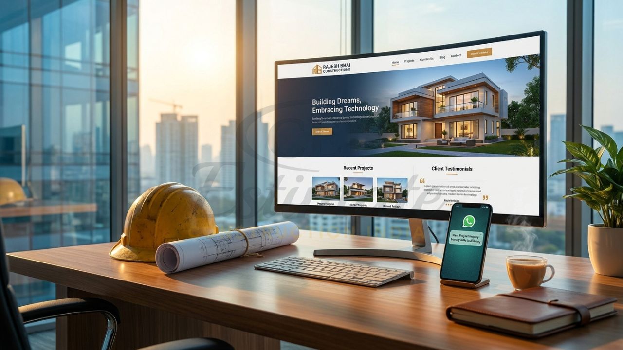 Professional construction website design in India showing a luxury project portfolio and lead-generation tools.