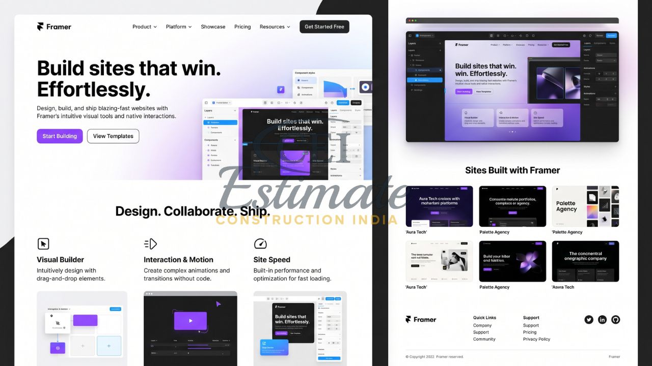 Framer website design interface with visual builder tools interaction features and modern SaaS landing page layout