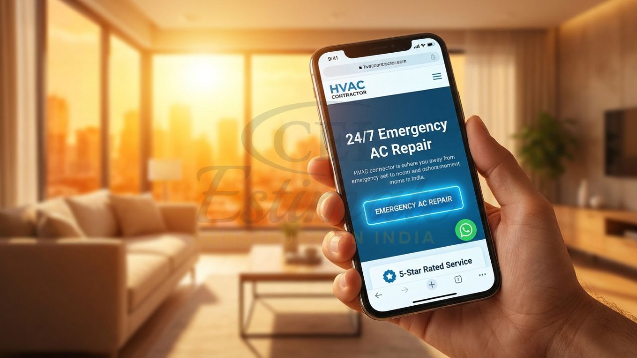 Professional HVAC website design for Indian contractors featuring emergency booking and WhatsApp integration.
