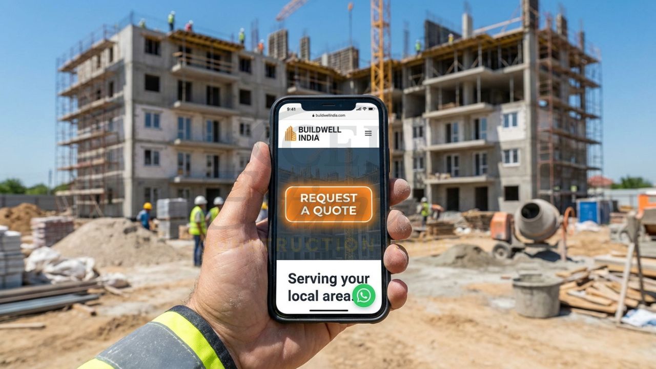Mobile-friendly construction website with WhatsApp integration for lead generation.