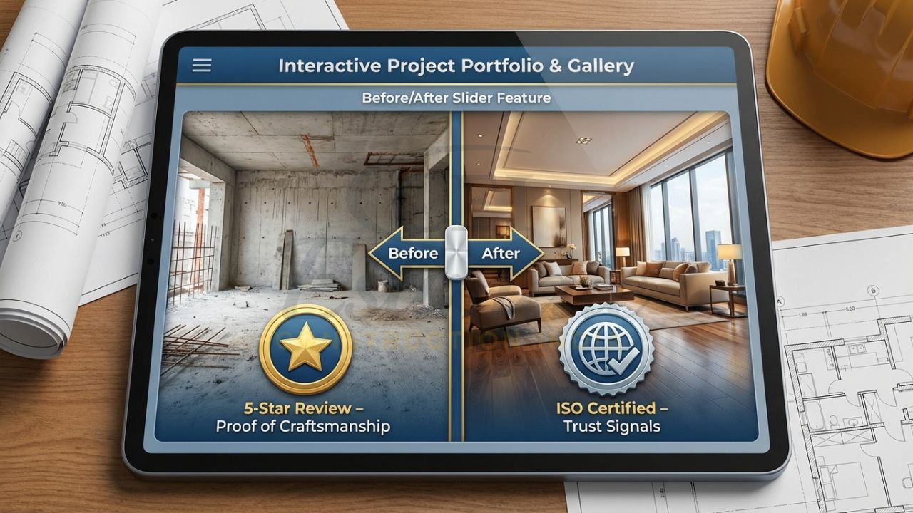 Construction project portfolio website showing before-and-after renovation sliders.