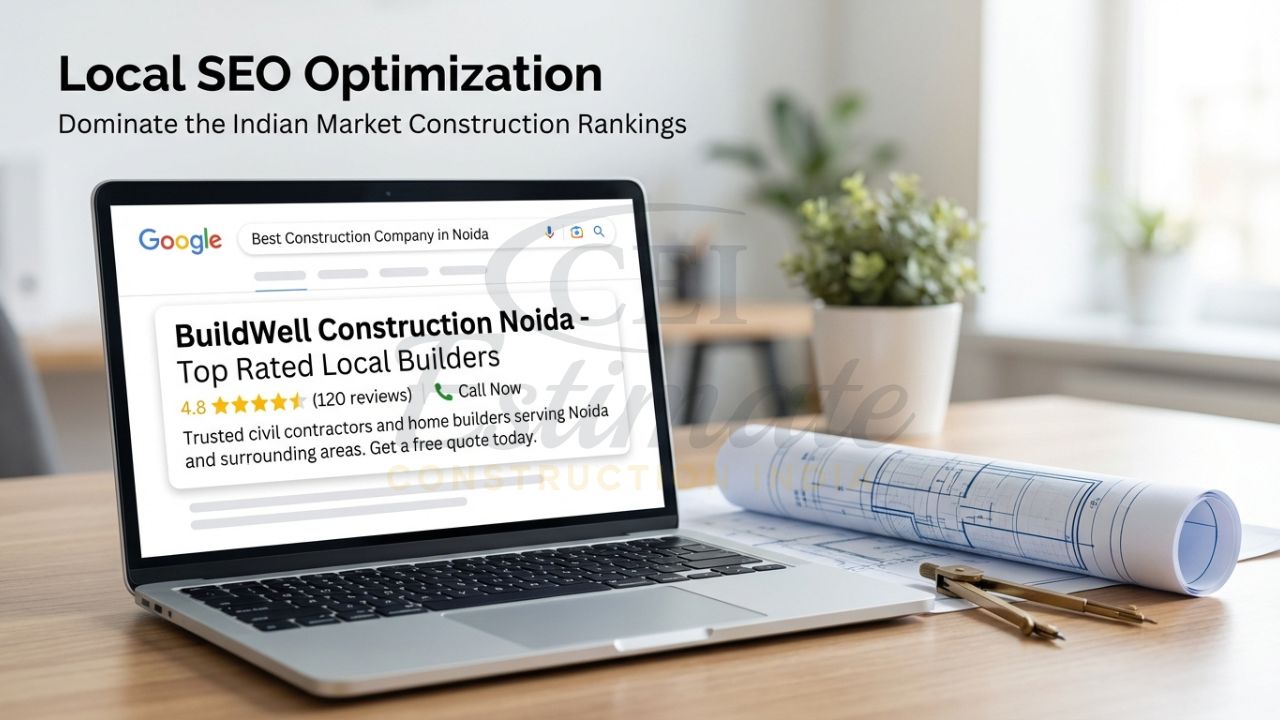 Google local search results showing a construction company ranking #1 for city-specific keywords in India.