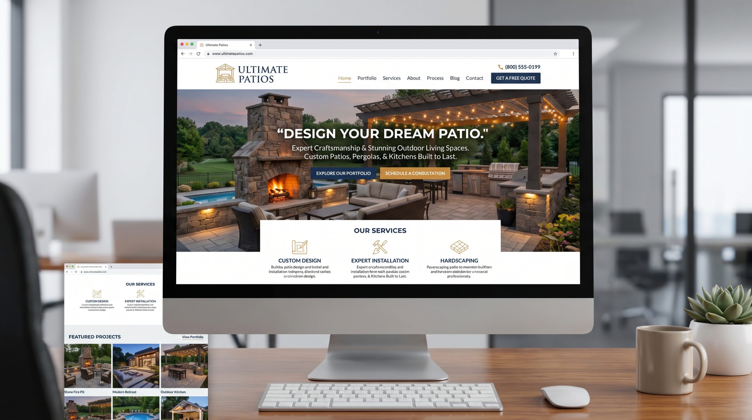 Patio construction website homepage design showcasing outdoor living space, fireplace, and pergola with strong call-to-action