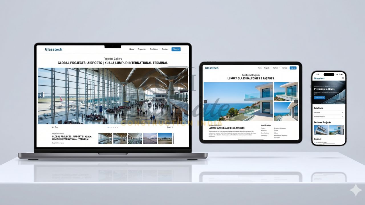 Glass manufacturing website portfolio showing global projects and responsive design on desktop, tablet, and mobile
