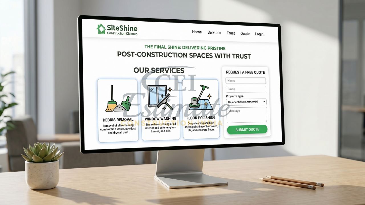 Post construction cleaning website with services section and quote request form on desktop screen