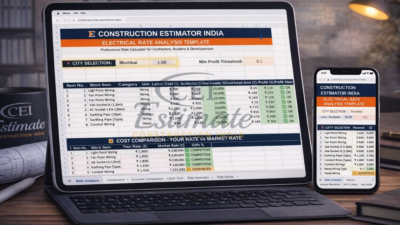 Electrical rate analysis template India with mobile and desktop access, cost comparison, and profit calculation