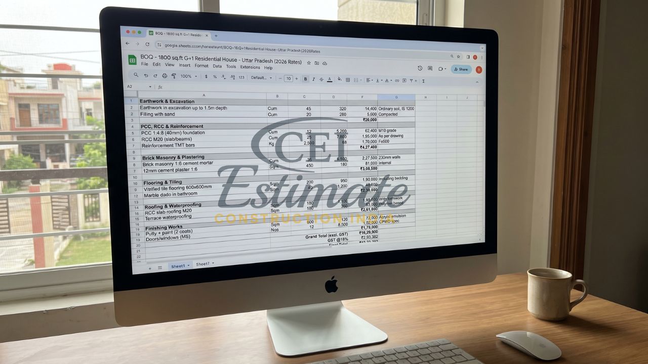 residential house BOQ template India 1800 sq ft cost estimate excavation RCC brickwork