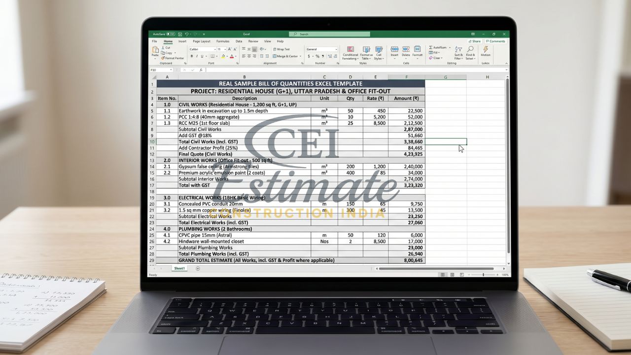 real BOQ sample excel India residential office fit out cost estimate sheet