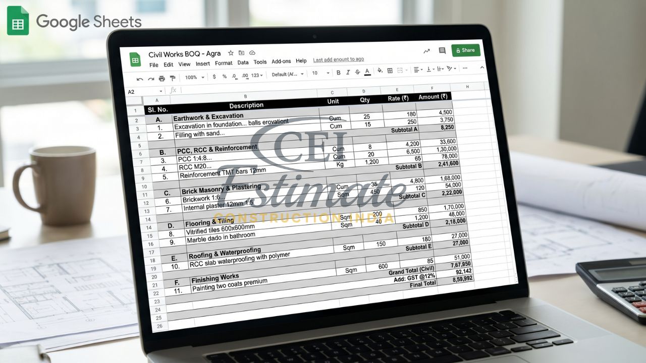 real BOQ sample civil works India excavation RCC brickwork construction estimate sheet
