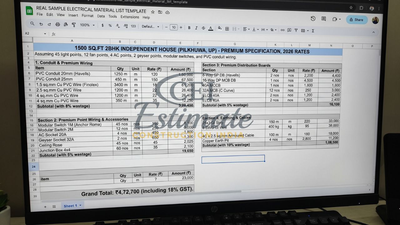 electrical material list 1500 sq ft 2BHK house India wiring BOQ cost