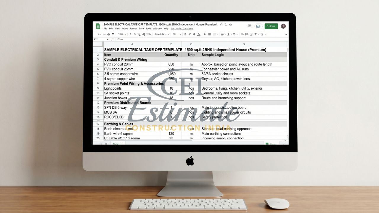 sample electrical takeoff template 1500 sq ft house wiring BOQ India