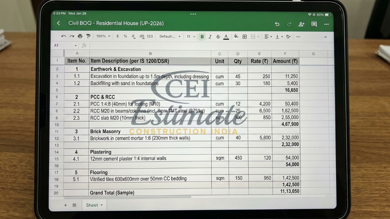 civil BOQ residential house India cost estimate earthwork PCC RCC brick masonry plaster flooring