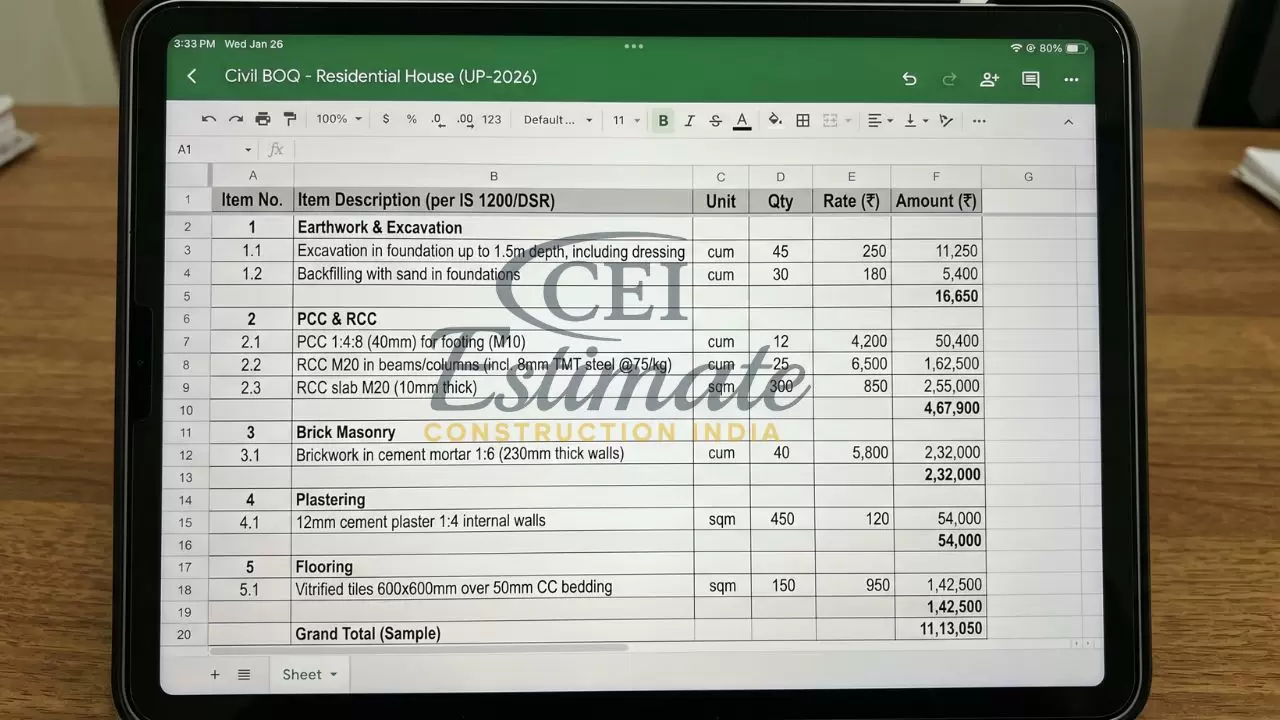civil BOQ residential house India cost estimate earthwork PCC RCC brick masonry plaster flooring