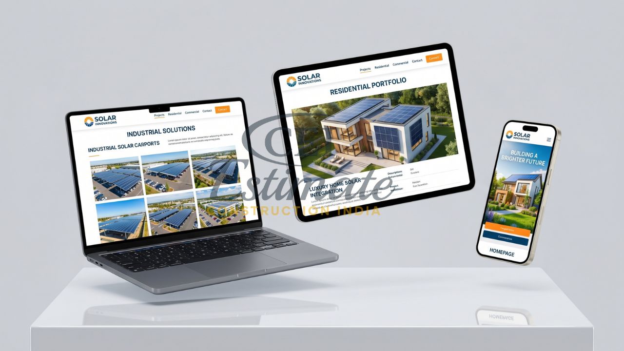 Solar company portfolio website showing industrial solar projects and residential installations on laptop, tablet, and mobile