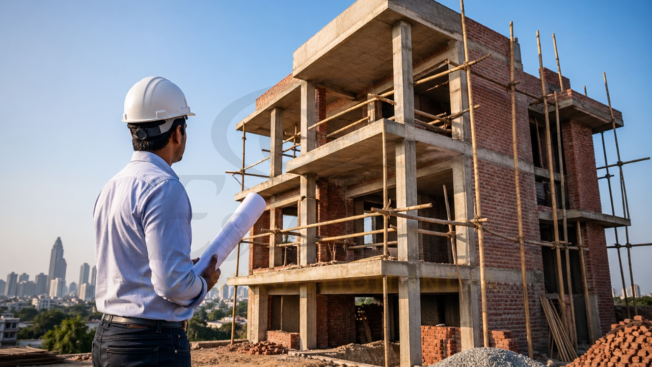 Engineer inspecting multi-storey house construction with blueprint at site.