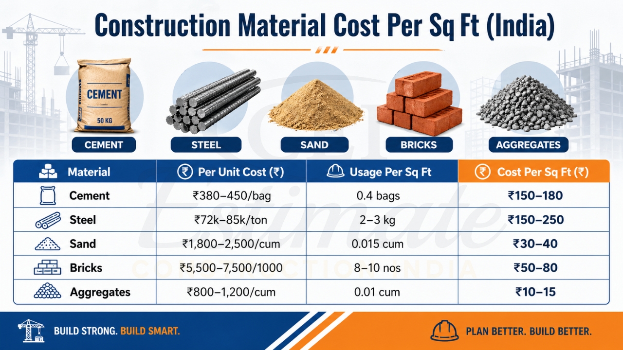 Construction material cost per sq ft in India showing cement, steel, sand, bricks, and aggregates pricing.