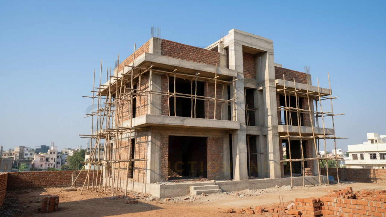 Residential building under construction with brickwork and scaffolding on site.