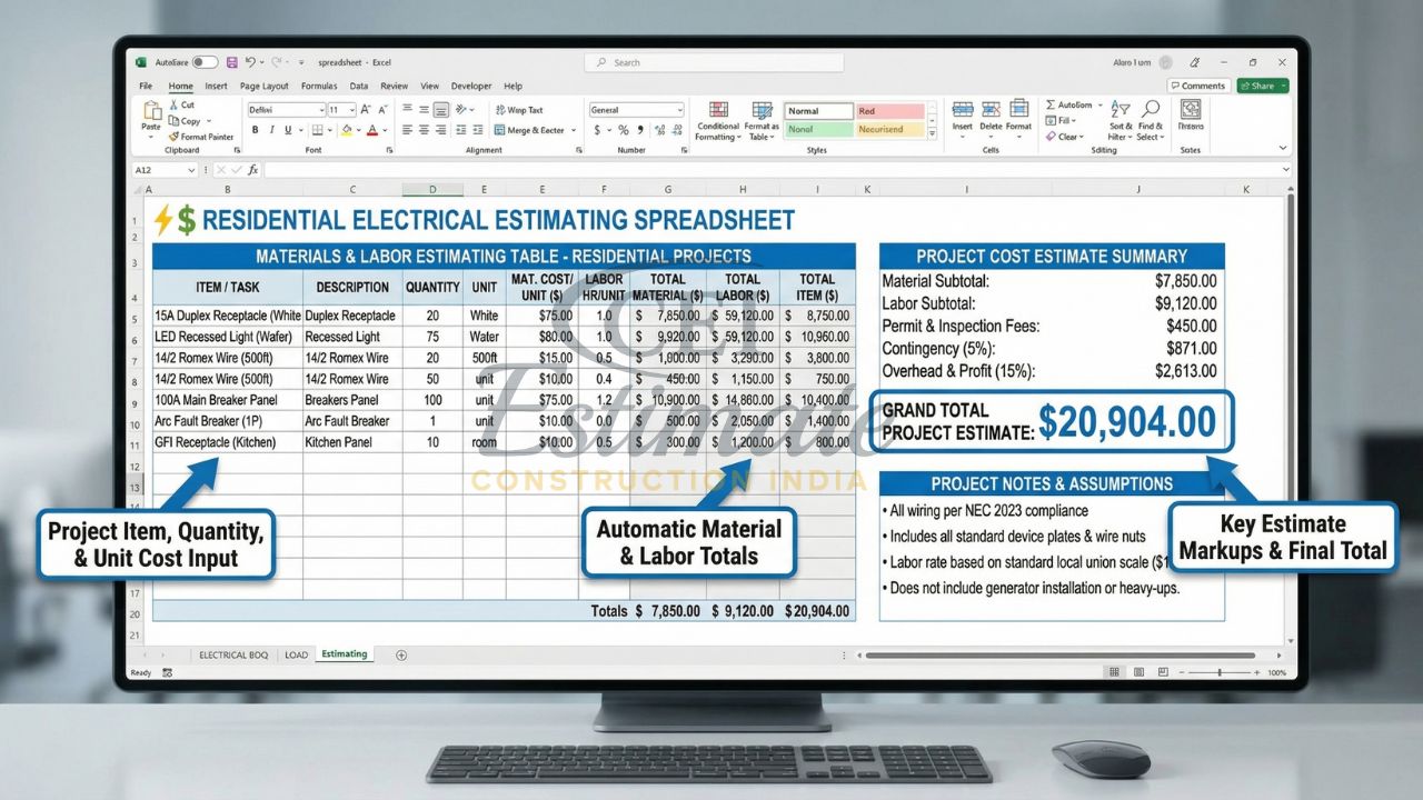 Residential electrical estimating spreadsheet with automatic material labor totals, cost summary, and final project estimate