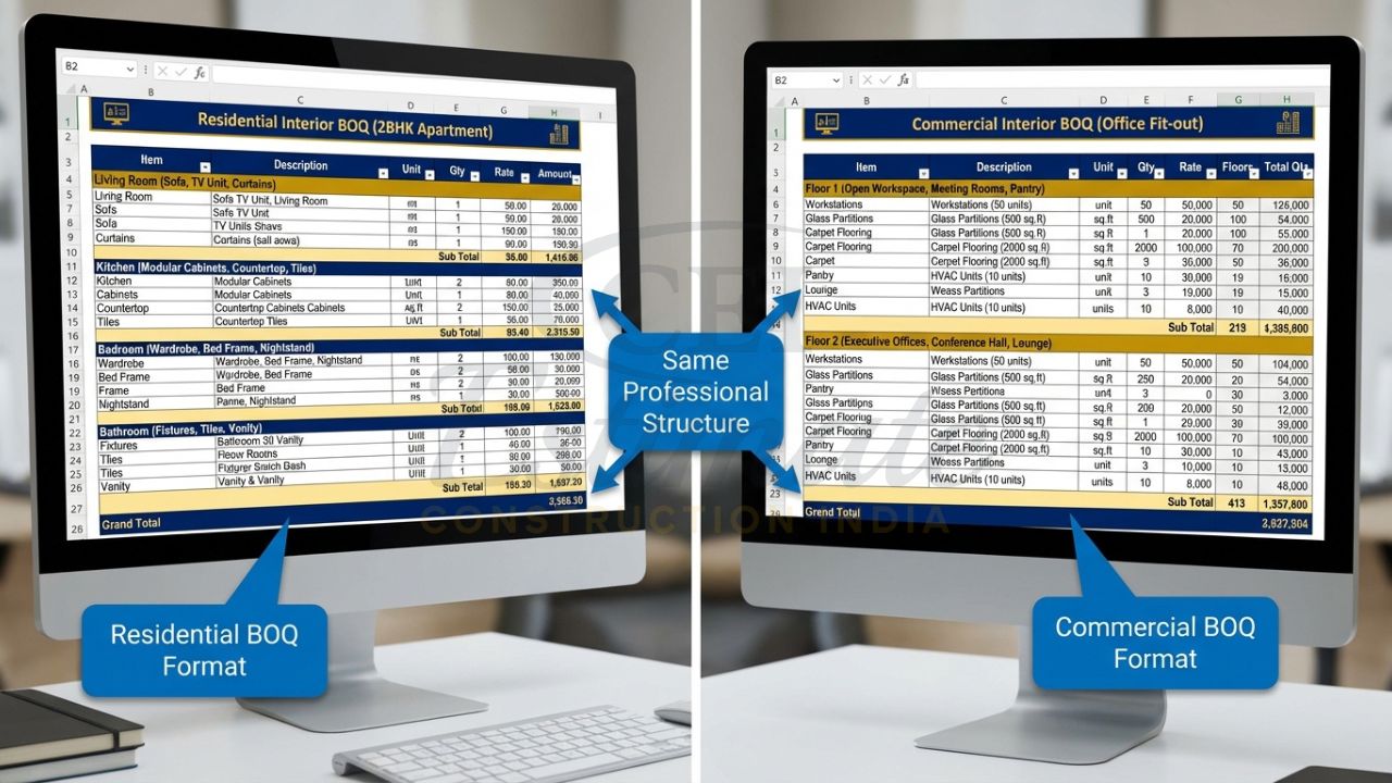 Comparison of residential and commercial BOQ sheet formats for interior works in India