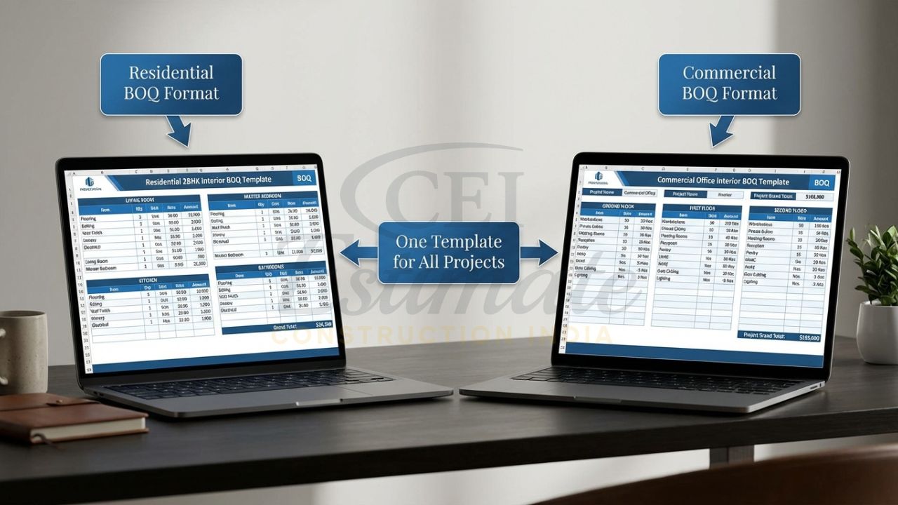 Realistic mockup of automated interior works BOQ Excel template showing professional columns and calculations