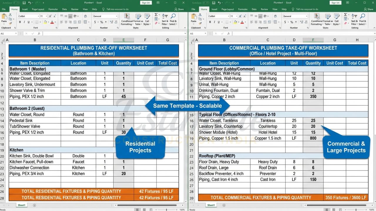 Comparison of residential and commercial plumbing quantity take-off worksheets in Excel template