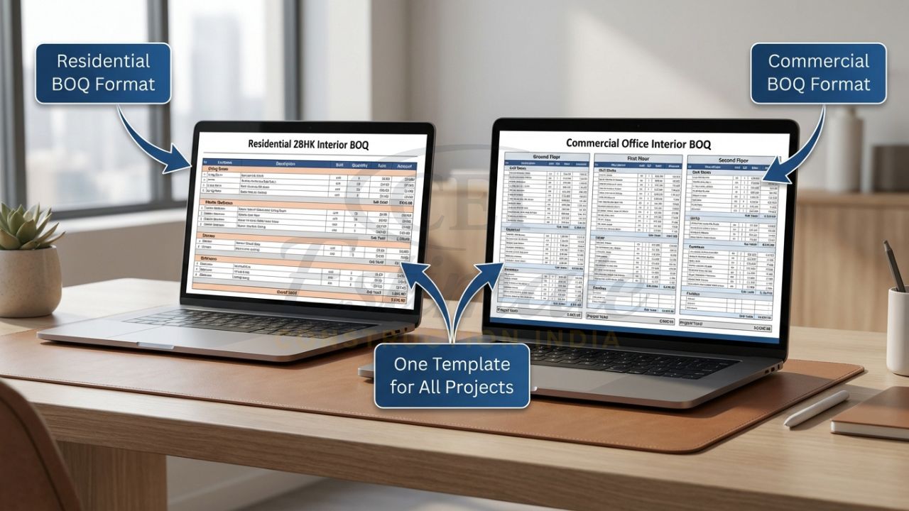 Side-by-side mockup comparing residential and commercial bill of quantities BOQ templates for interior works